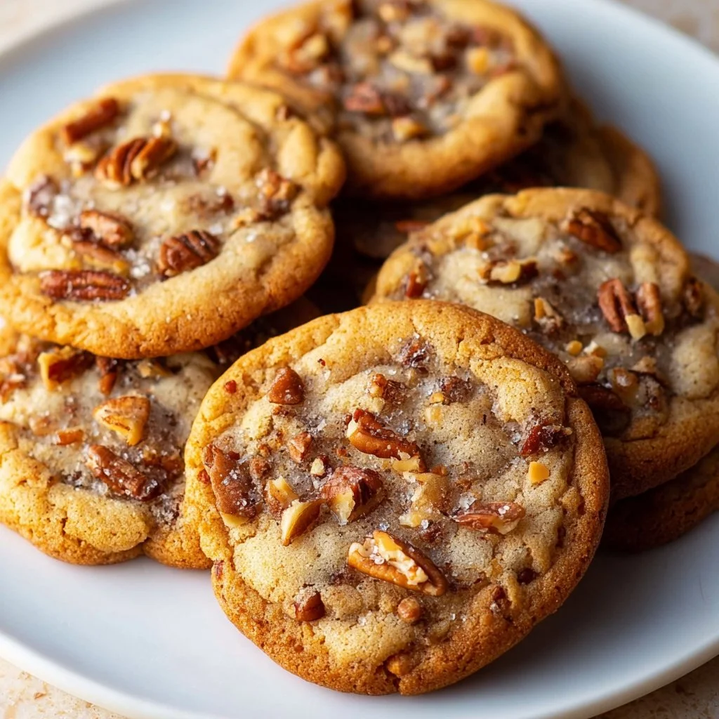 Brown Butter Pecan Toffee Cookies with chopped pecans and caramelized toffee bits