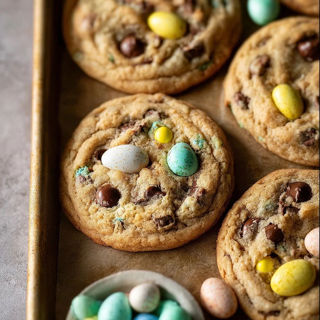 Delicious Cadbury Mini Egg chocolate chip cookies fresh out of the oven
