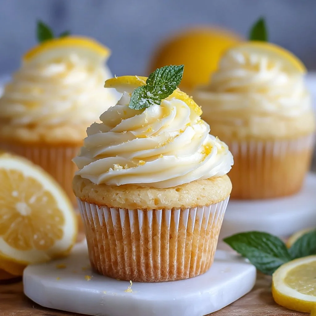 Cheesecake stuffed lemon cupcakes with lemon frosting on a white plate