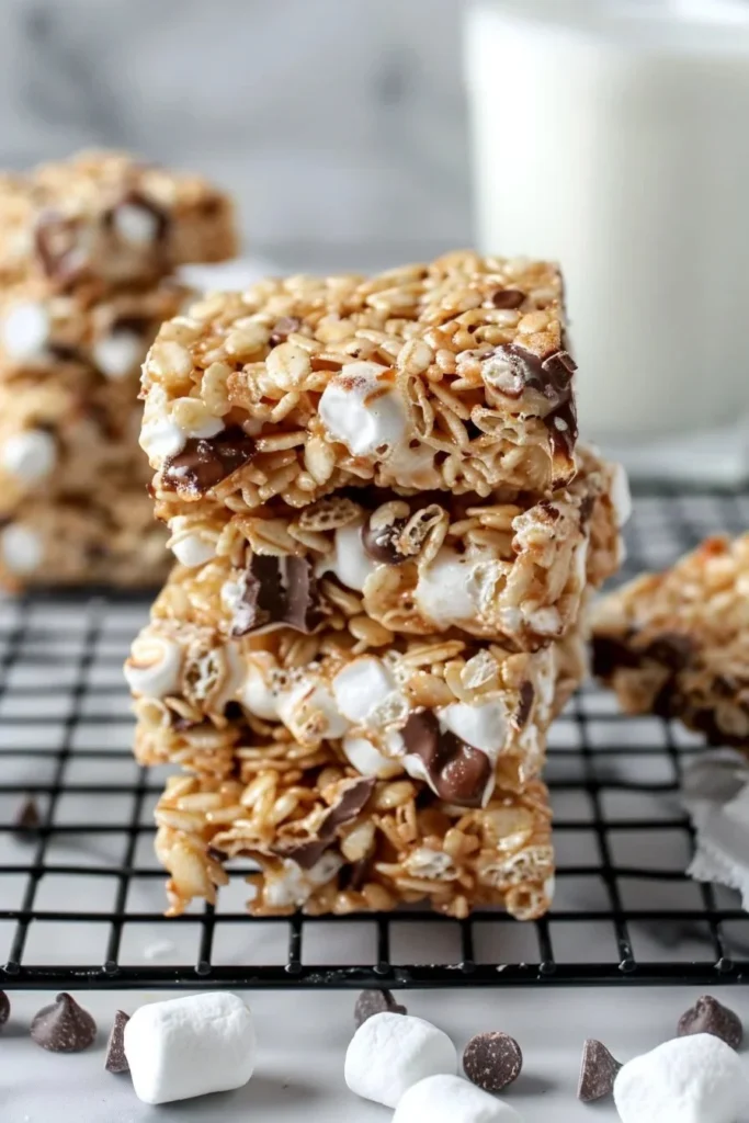Chewy chocolate chip rice crispy treats on a plate