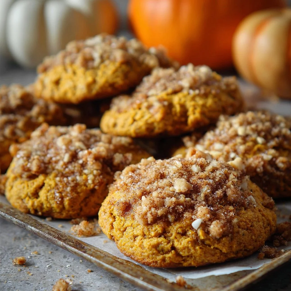 Chewy pumpkin streusel cookies with a crumbly topping on a plate.