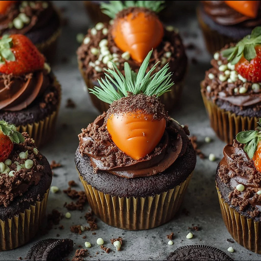 Delicious Chocolate Carrot Patch Cupcakes decorated with chocolate and carrot designs
