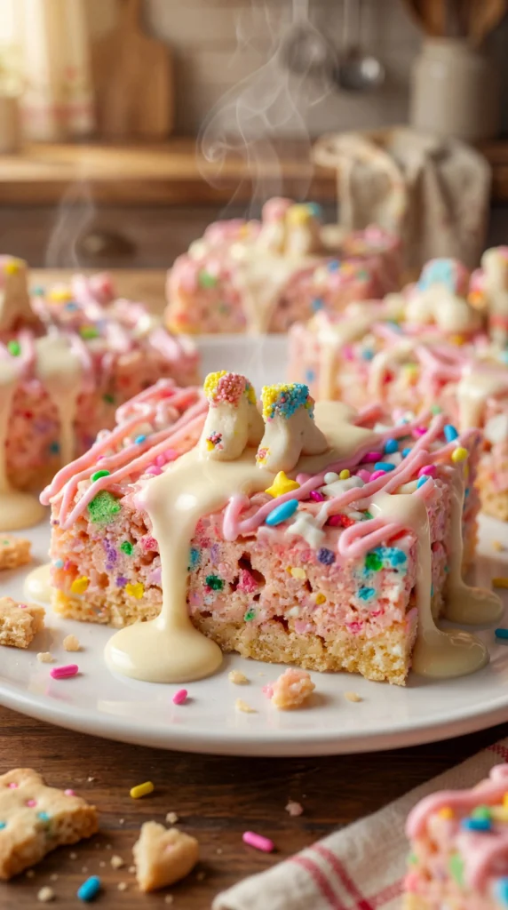Colorful Circus Animal Cookie Rice Krispie Treats with sprinkles and animal cookies