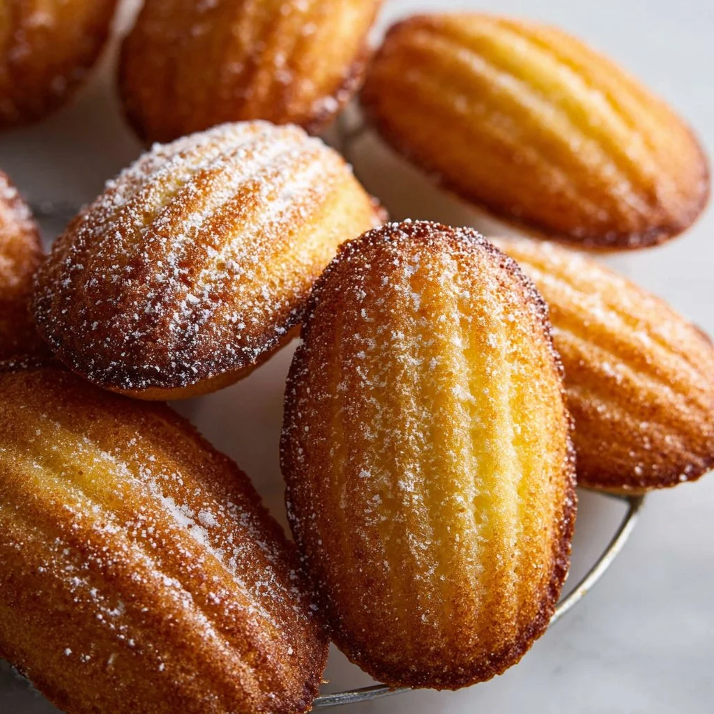 Delicious classic French Madeleines on a plate, perfect for dessert or tea.