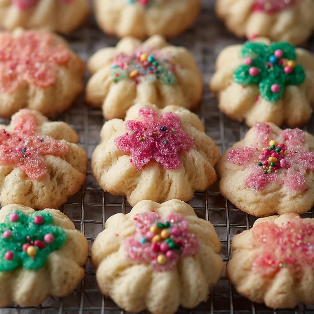 Plate of classic spritz cookies decorated with colorful sprinkles