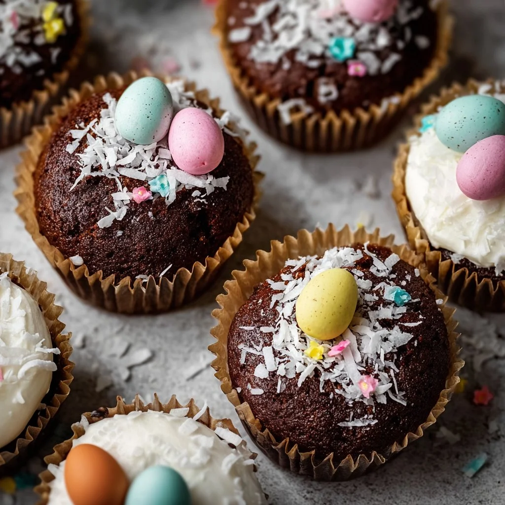 Delicious Coconut Chocolate Easter Cupcakes decorated with festive toppings