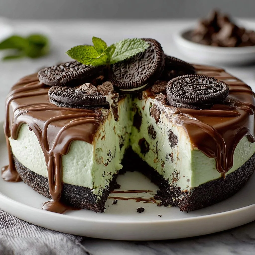 Delicious and creamy Grasshopper Cheesecake served on a white plate