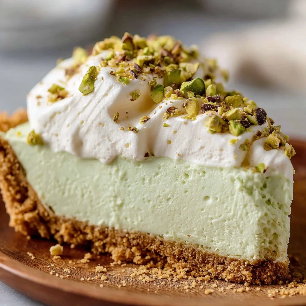Creamy no-bake pistachio pie garnished with whipped cream and pistachios
