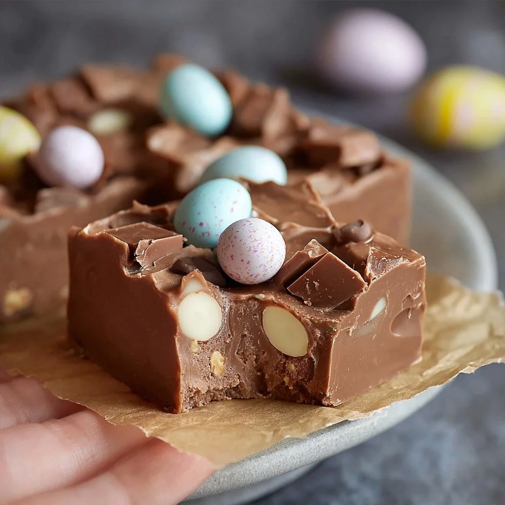Creamy slow cooker Easter fudge in a colorful Easter-themed setting