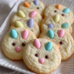 A plate of colorful Easter Bunny M&M cookies decorated for the holiday.