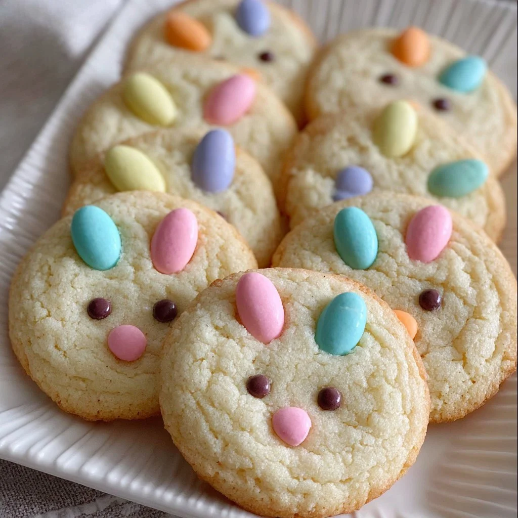A plate of colorful Easter Bunny M&M cookies decorated for the holiday.