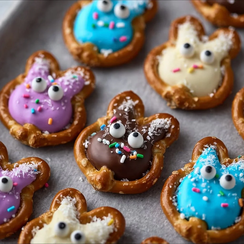 Delicious Easter Bunny Pretzel Treats decorated for spring festivities.