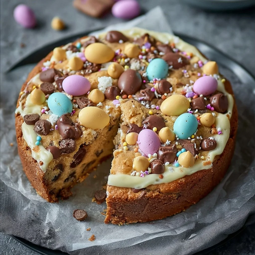 Easter chocolate cookie cake decorated with chocolate eggs and spring flowers