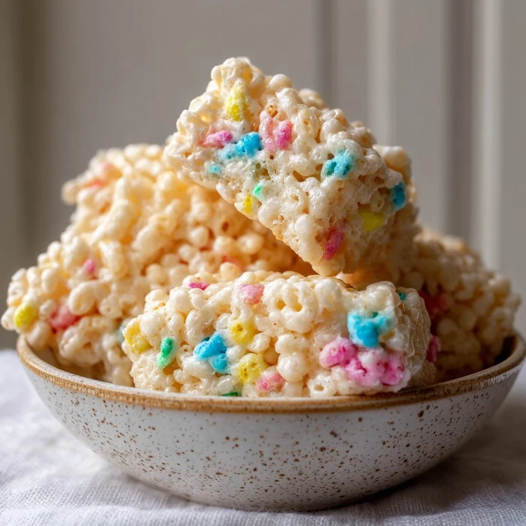 Colorful Easter Egg Rice Krispie Treats arranged on a festive plate