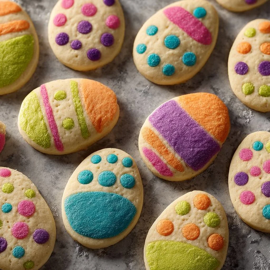 Colorful Easter Egg Sugar Cookies decorated for spring celebrations.