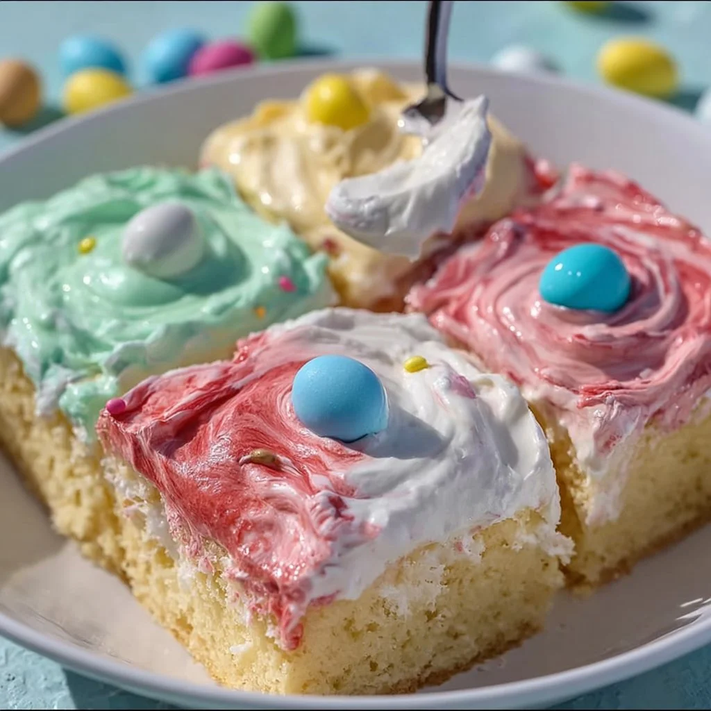 Easter Poke Cake topped with pastel frosting and colorful decorations