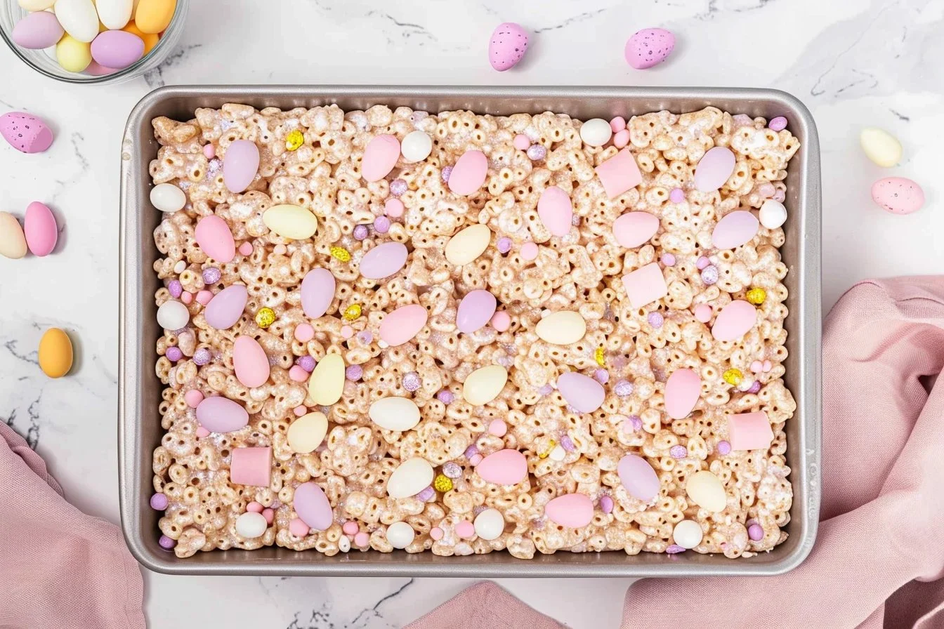 Colorful Easter Rice Krispies nests filled with chocolate and candies.