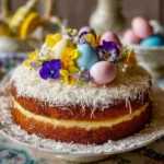 Colorful Easter Spring Cake decorated with spring flowers and Easter eggs.