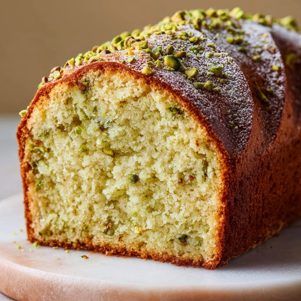 Delicious easy pistachio cake with cream frosting and nuts on top