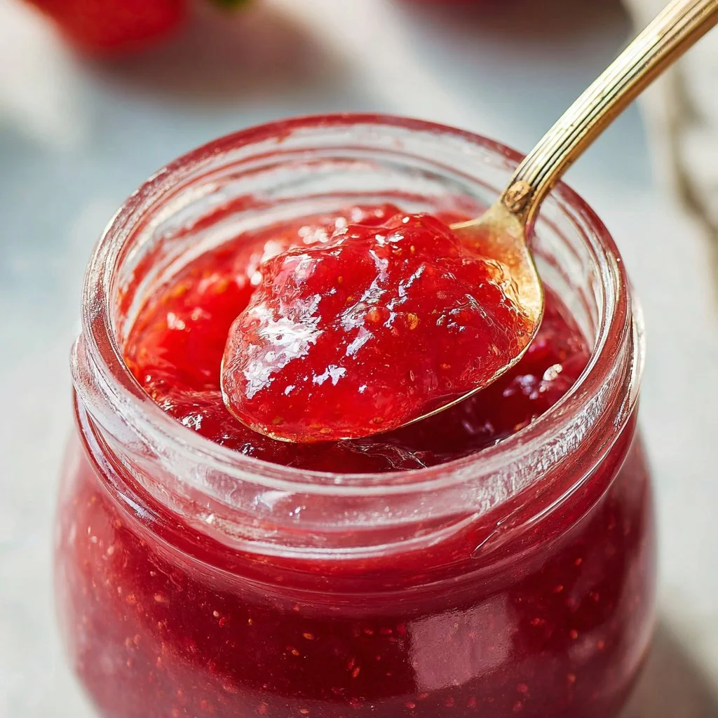 Jar of homemade easy strawberry jam with fresh strawberries