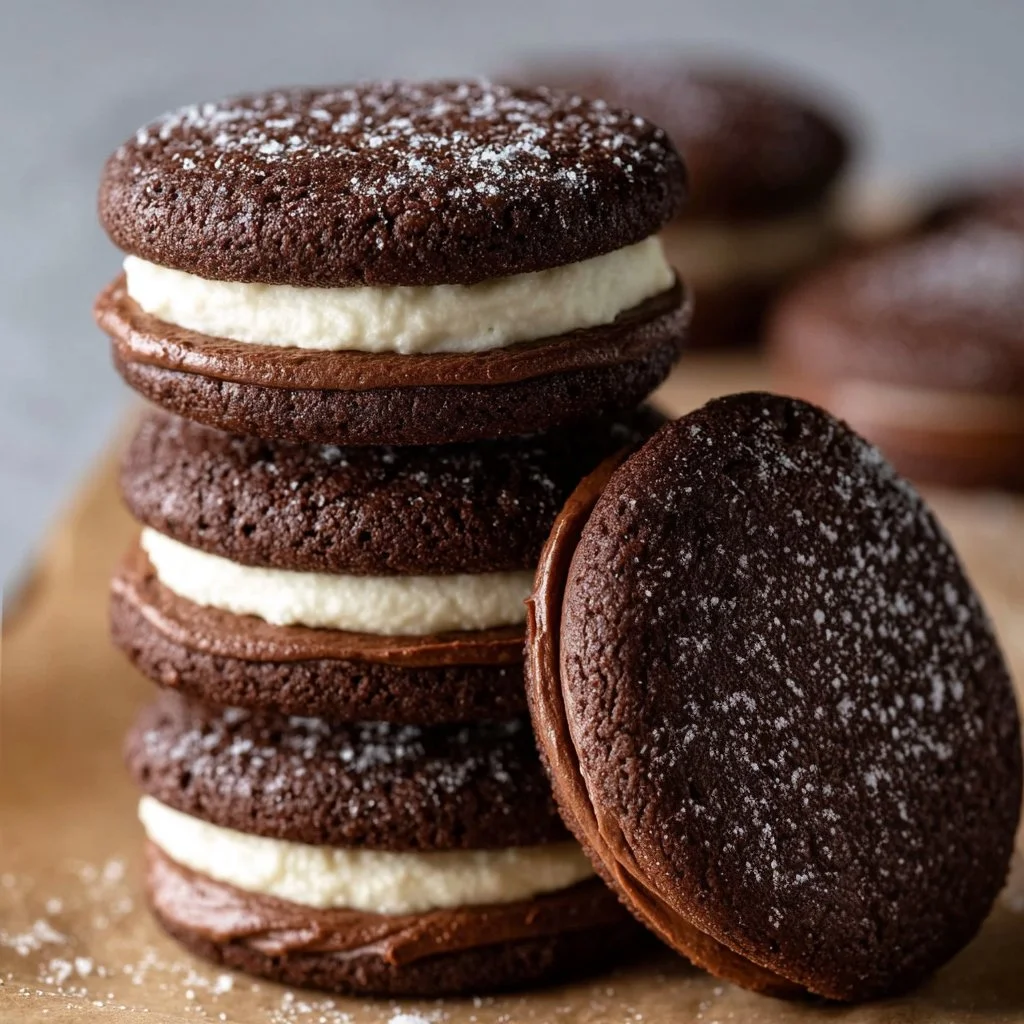 Delicious Father's Day chocolate sandwich cookies with creamy filling.