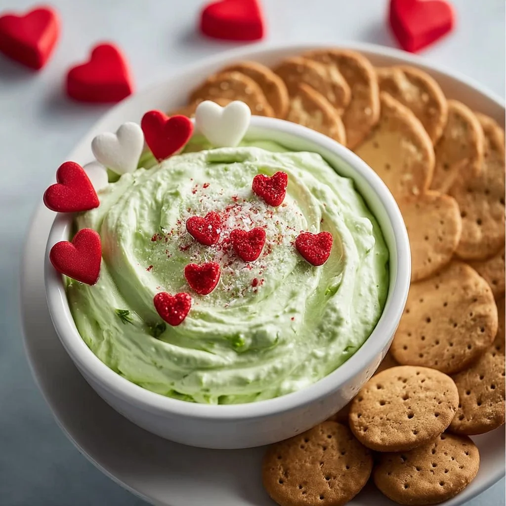 Colorful festive Grinch Dip served in a holiday-themed bowl