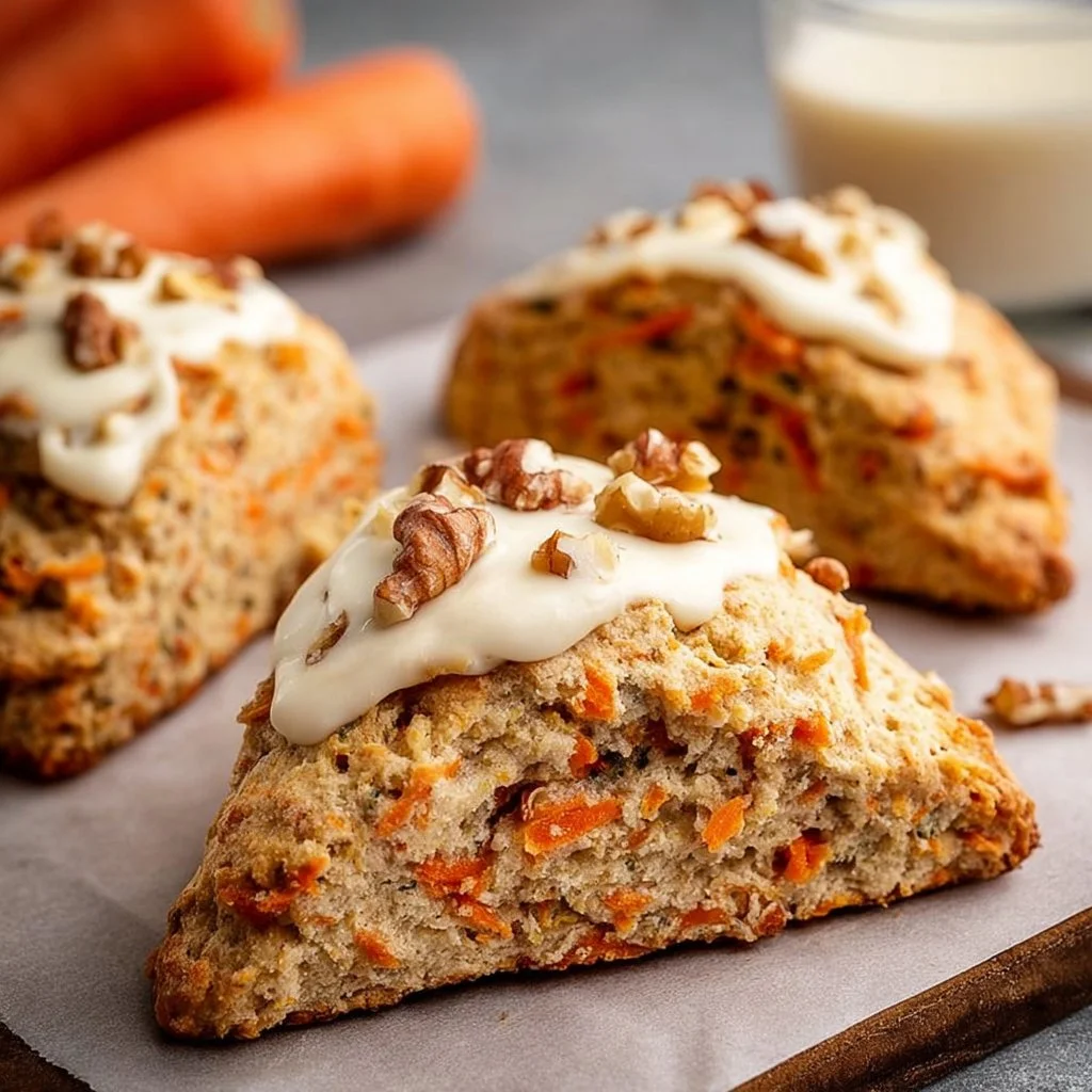 Fluffy Easter carrot cake scones on a plate with decorative flowers