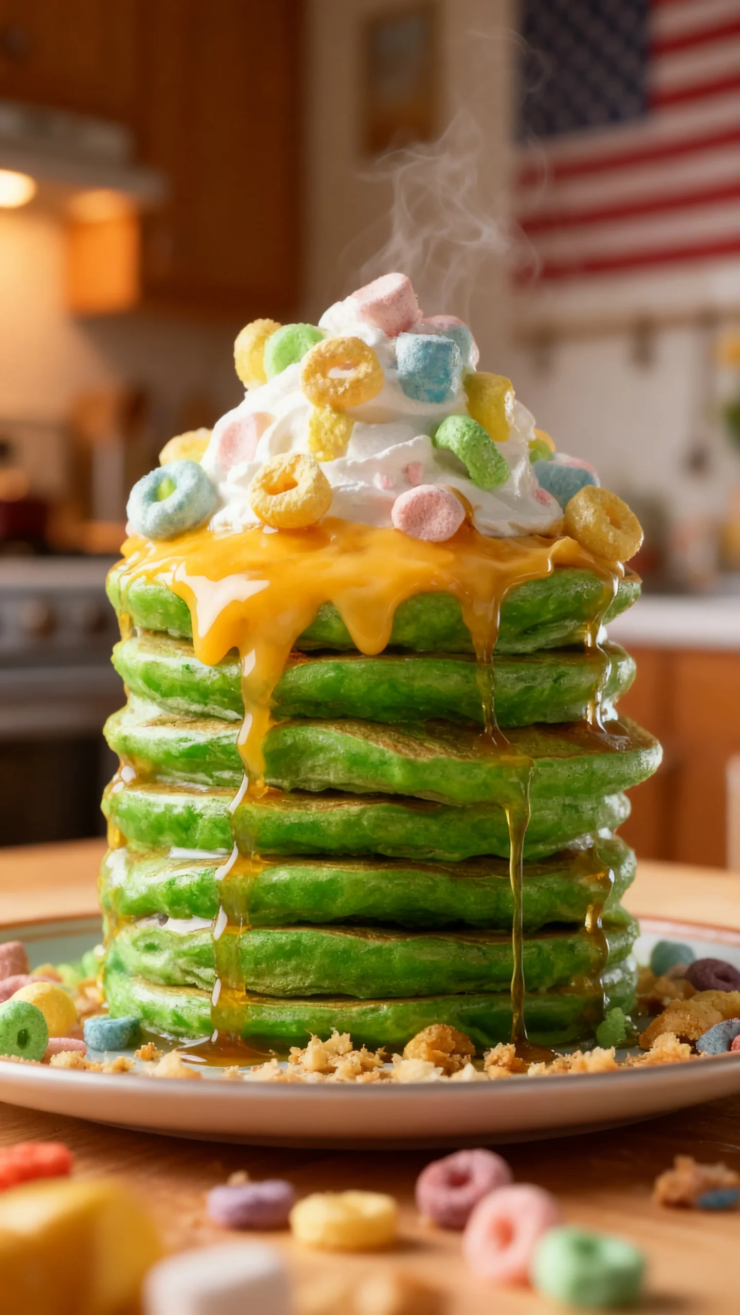 Fluffy green buttermilk pancakes for St. Patrick's Day breakfast