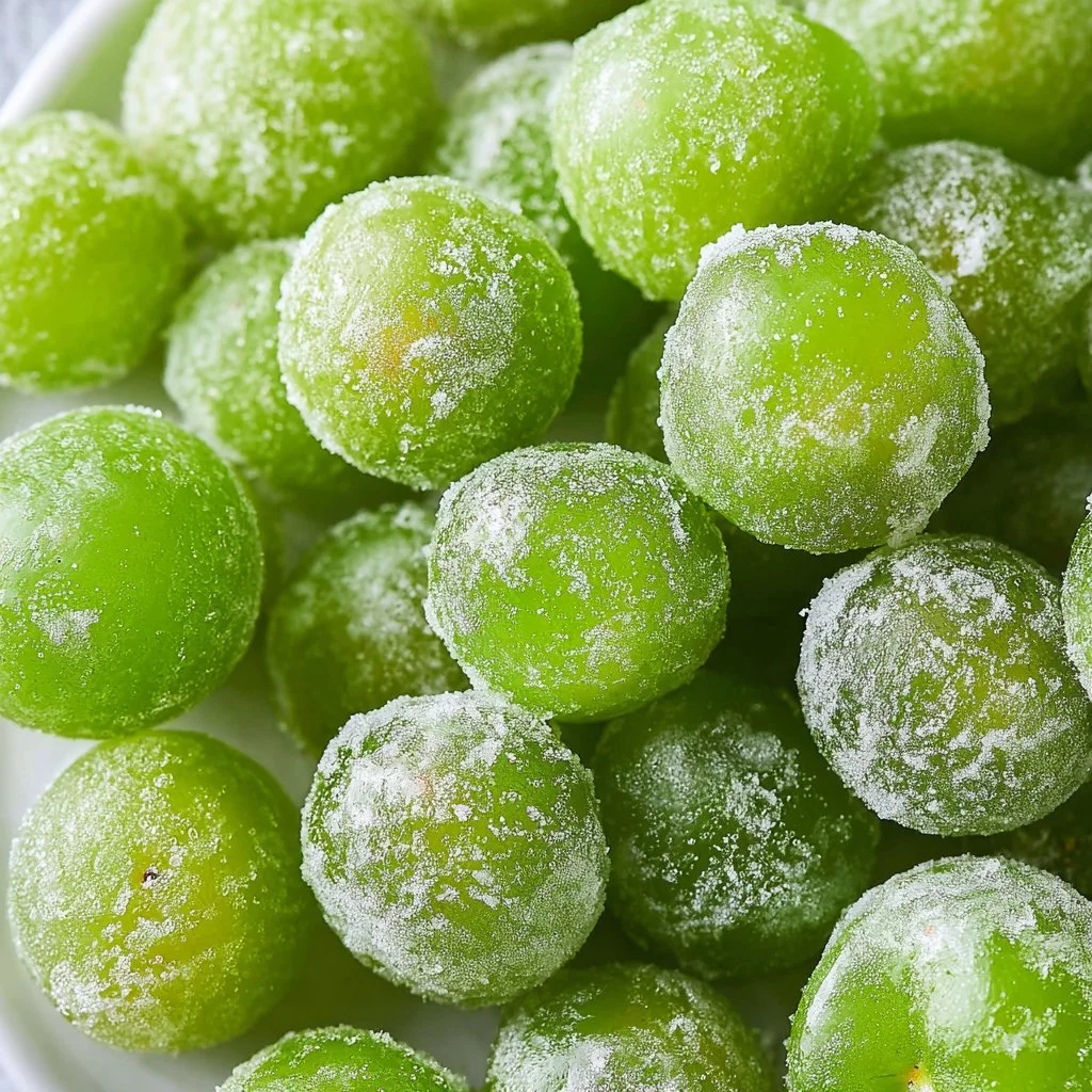 A bowl of Frozen Sour Grapes, a refreshing and tart dessert option.