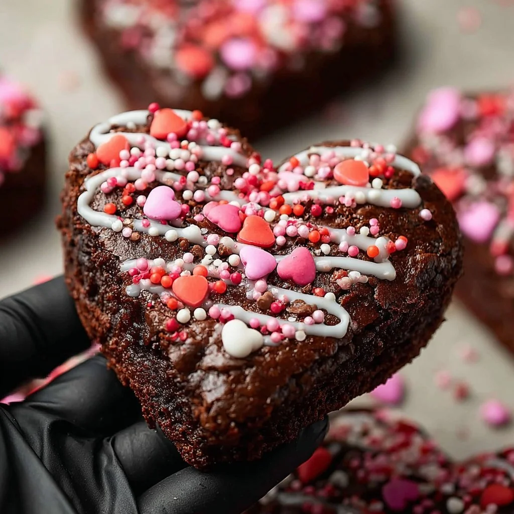 Delicious fudgy heart brownies in a red heart-shaped plate.