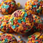 Giant glazed Fruity Pebbles cookies topped with colorful cereal.