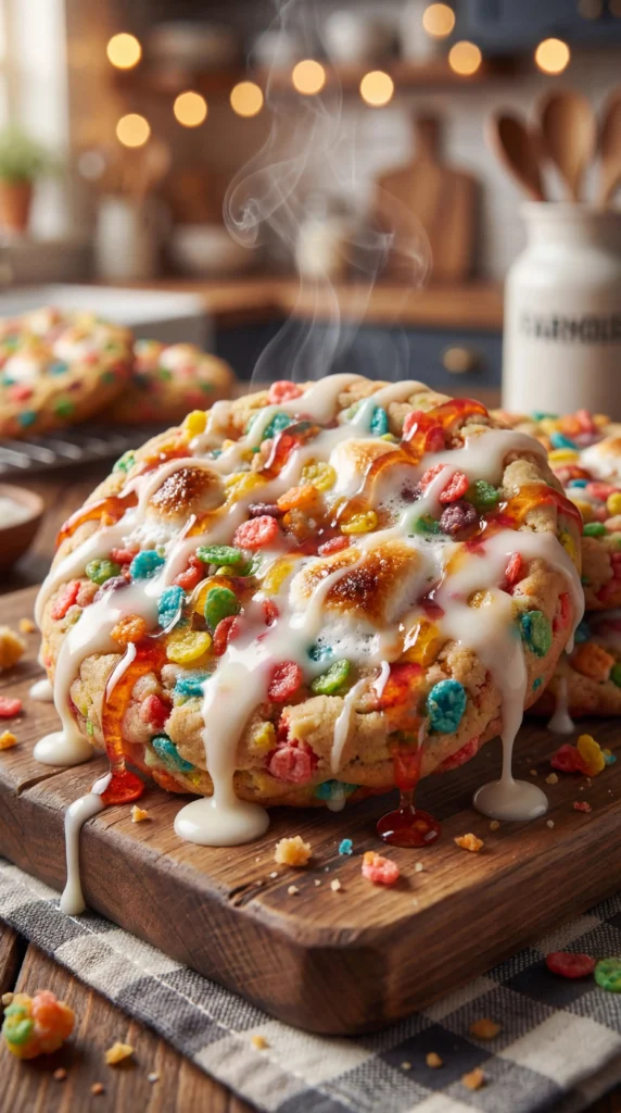 Giant Glazed Fruity Pebbles Cookies with colorful cereal topping