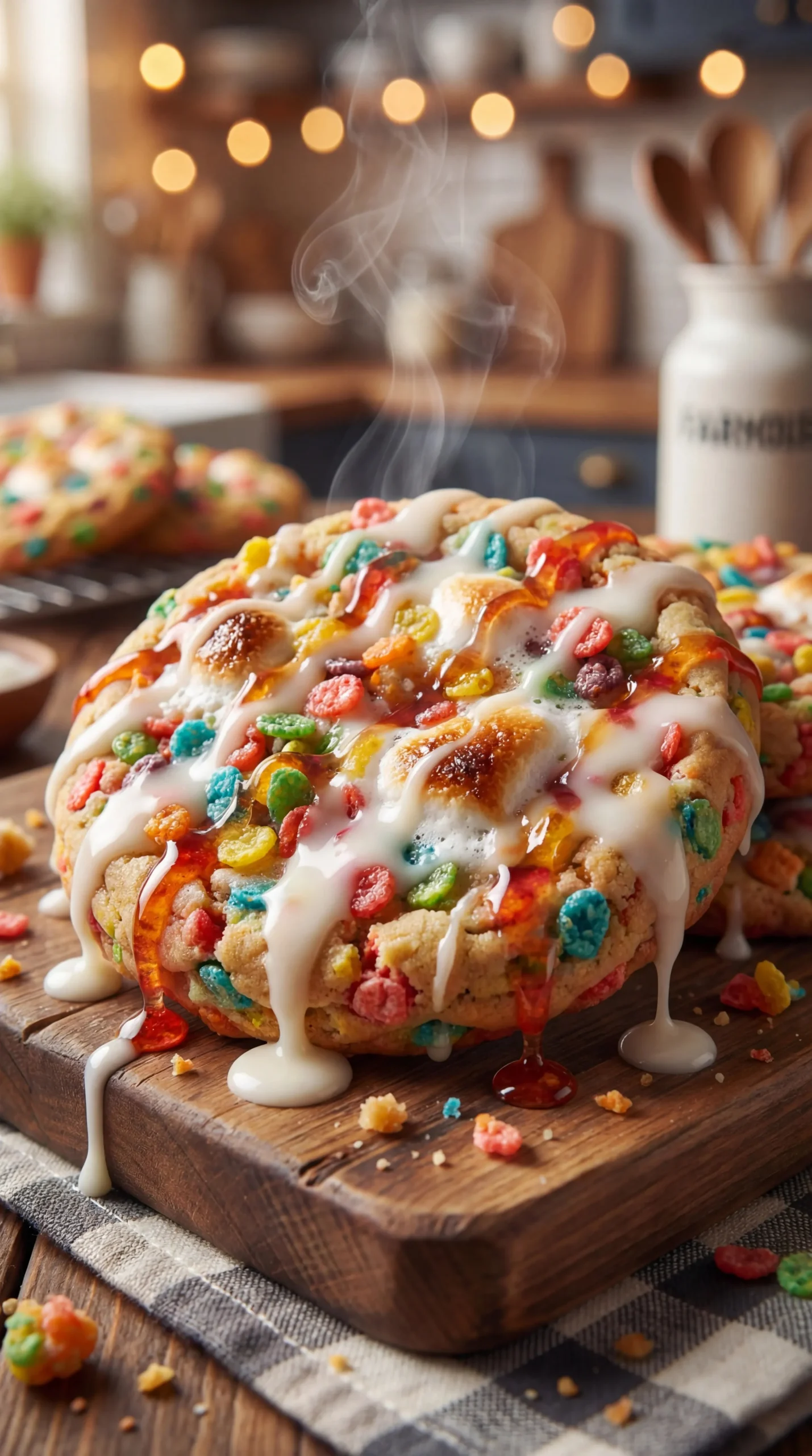 Giant Glazed Fruity Pebbles Cookies with colorful cereal topping