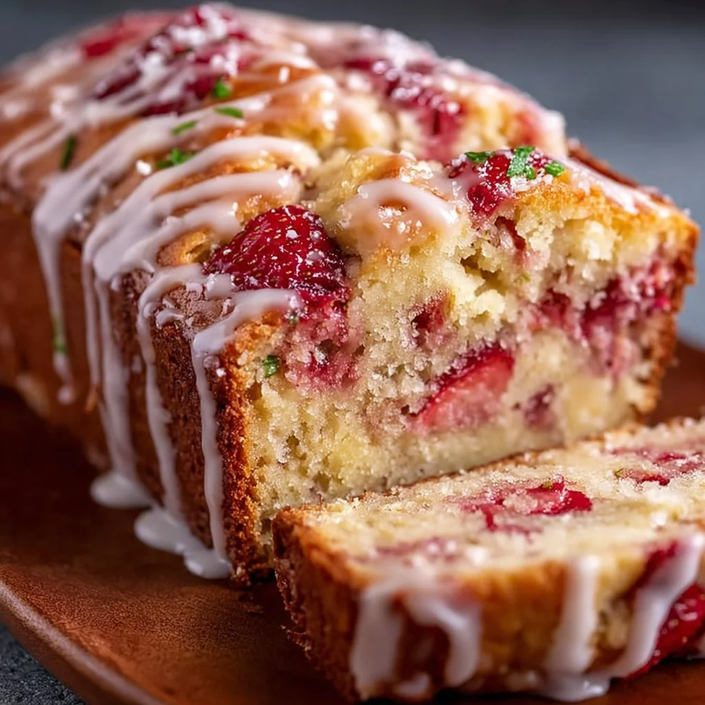 Freshly baked glazed strawberry bread on a wooden table