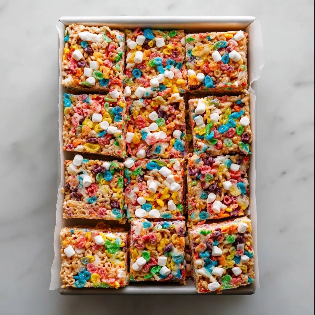 Gooey Fruity Pebbles Rice Krispie Treats on a plate
