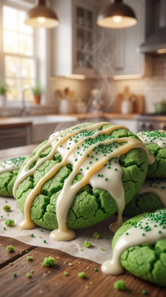 Baked green cake mix cookies, soft and chewy, perfect for celebrations.