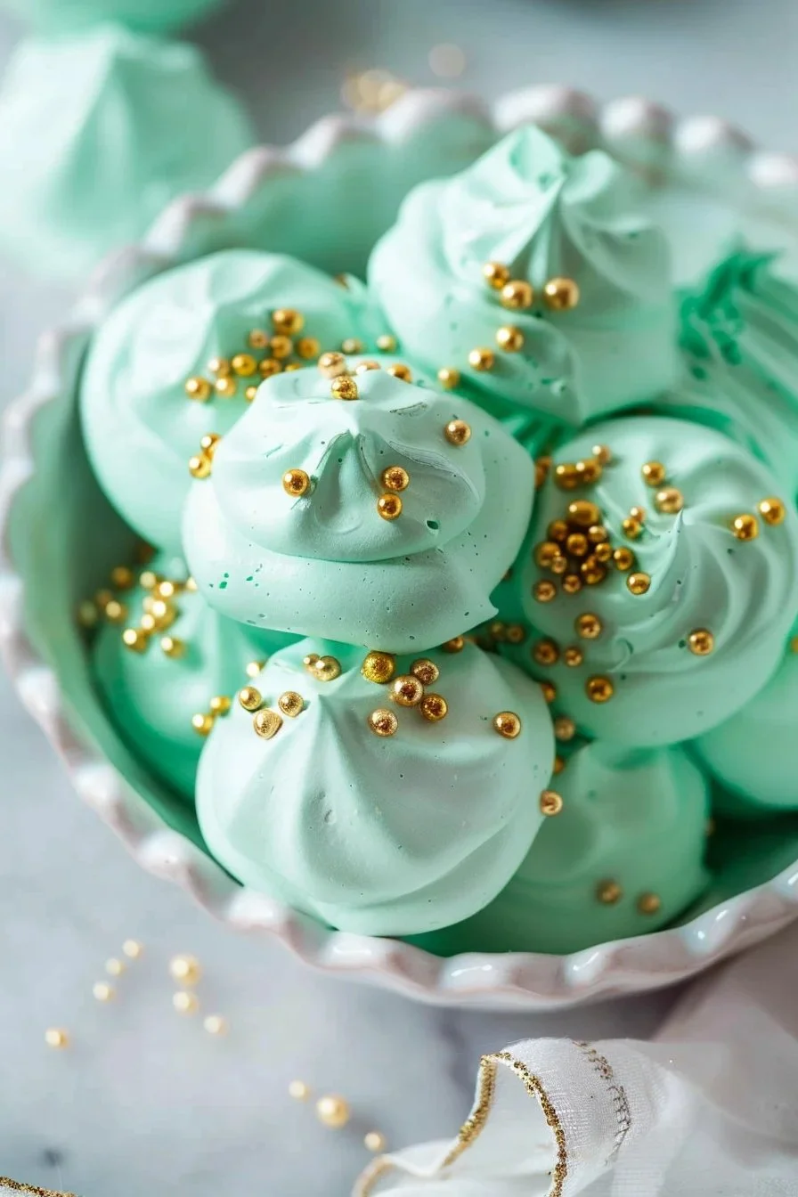Vibrant green meringue medallions, a colorful dessert treat.