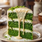 Slice of Green Velvet Cake with cream cheese frosting on a plate