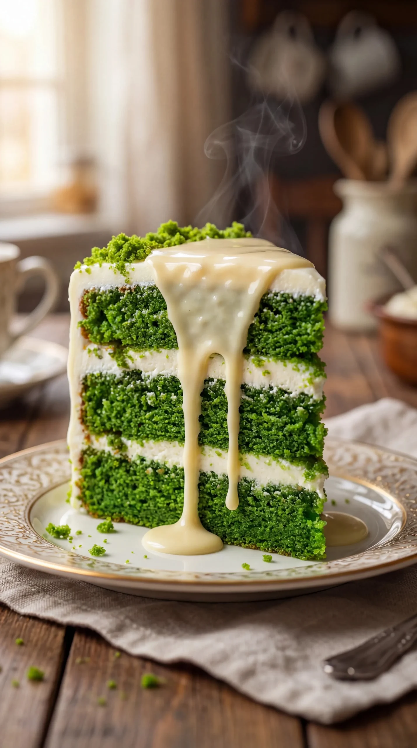 Slice of Green Velvet Cake with cream cheese frosting on a plate