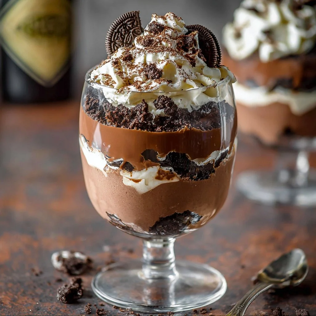 Indulgent Baileys Oreo Parfait dessert with layers of Baileys and crushed Oreos.