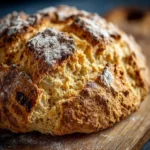 Freshly baked Irish Soda Bread loaf on a wooden cutting board