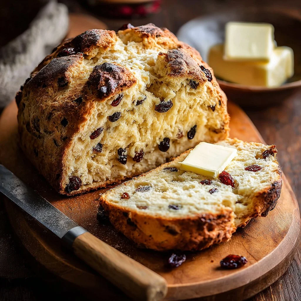 Freshly baked Irish soda bread with currants on a wooden cutting board
