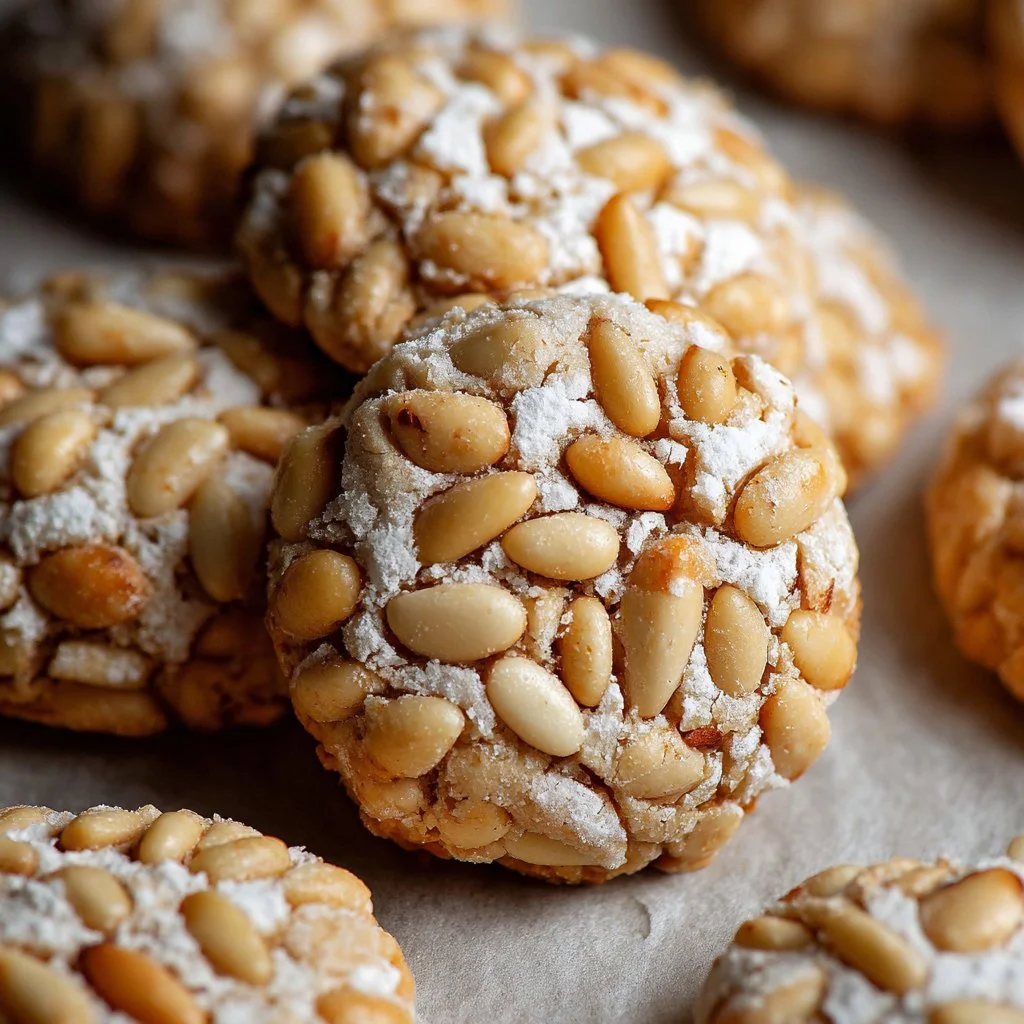Delicious Italian pine nut cookies on a wooden surface, showcasing their golden color and nutty topping.