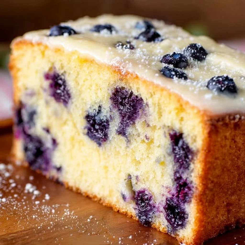 A slice of moist lemon blueberry cake topped with fresh blueberries and lemon zest.