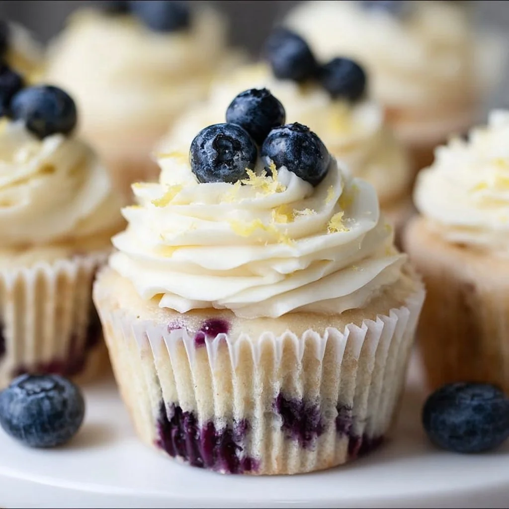 Delicious Lemon Blueberry Cupcakes topped with creamy frosting