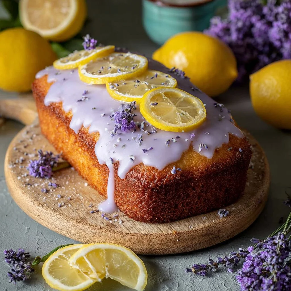 Sliced Lemon Lavender Cake with a lemon slice and lavender sprigs for decoration.