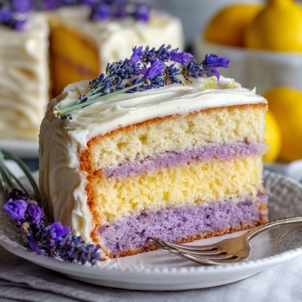 Slice of Lemon Lavender Dream Cake with lavender flowers and lemon zest decoration.
