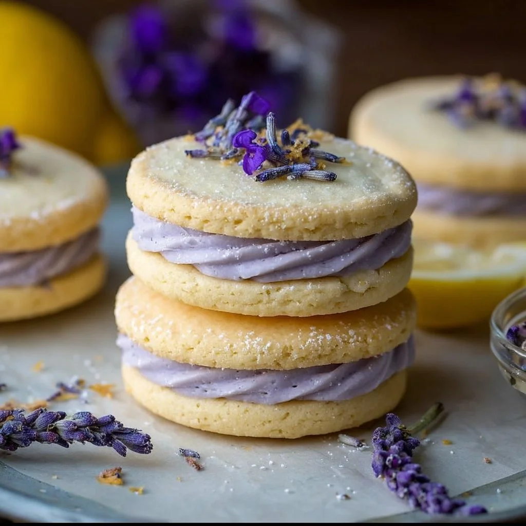 Delicious Lemon Lavender Sandwich Cookies displayed on a plate.