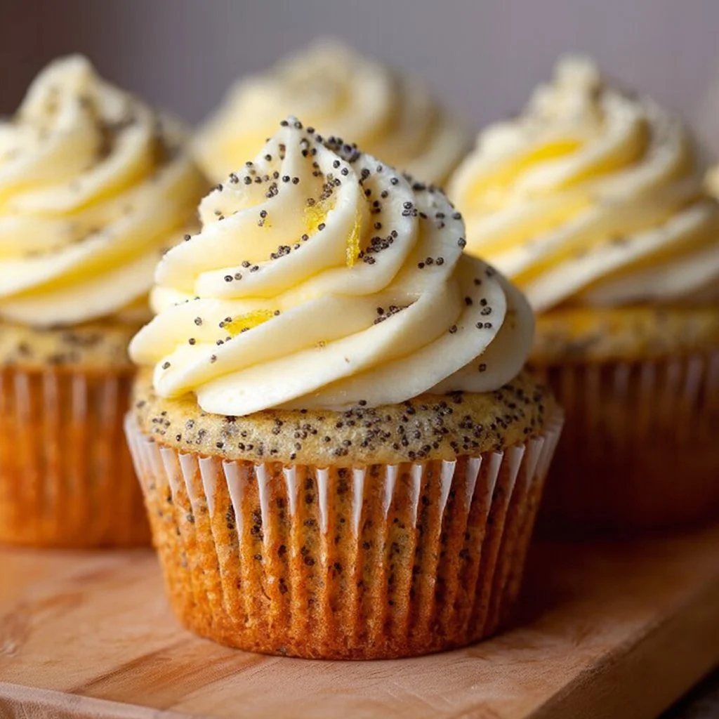Lemon poppy seed cupcakes filled with lemon curd on a decorative plate.