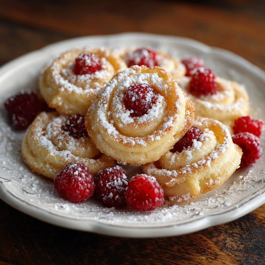 Delicious Lemon Whirligigs topped with fresh raspberries for a sweet treat